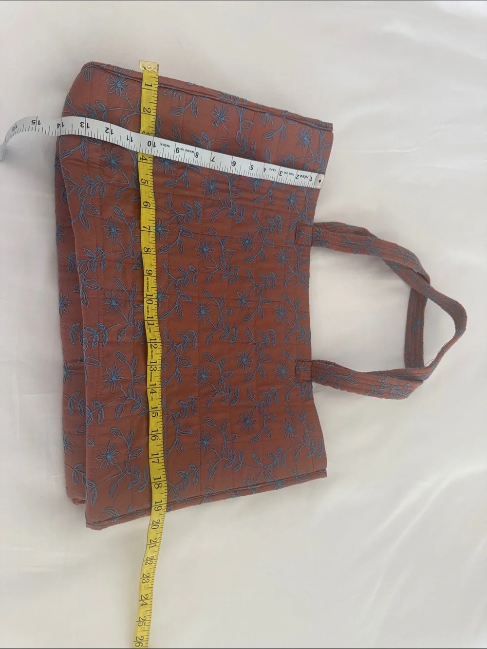 Rust Floral Embroidered Cushioned Tote Bag with Blue Accents